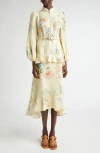 Zimmermann Floral Print Belted Linen Midi Dress In Lemon Hydrangea