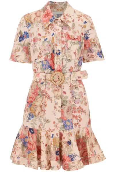 Zimmermann Floral Print Belted Linen Mini Dress In Beige