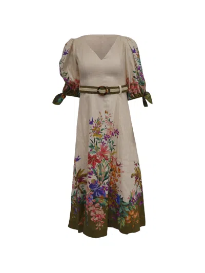 Pre-owned Zimmermann Floral-print Belted Midi Dress In Neutral