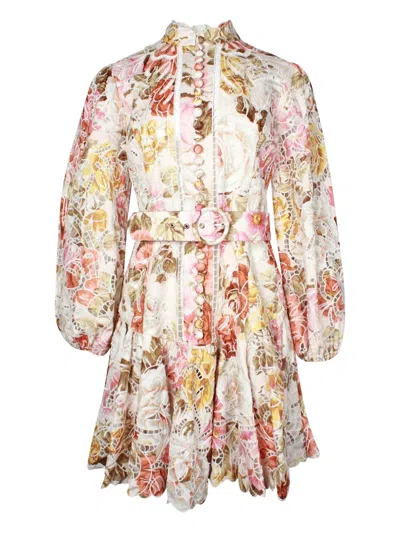 Pre-owned Zimmermann Floral-print Belted Mini Dress In White