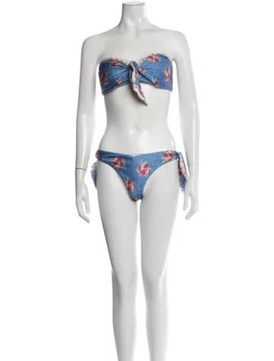 Pre-owned Zimmermann Floral Print Bow Accents Bikini W/ Tags In Blue