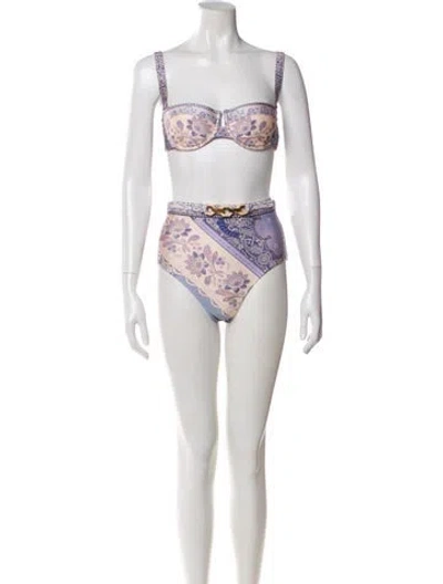 Pre-owned Zimmermann Floral Print Chain-link Accents Bikini W/ Tags In White