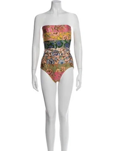 Pre-owned Zimmermann Floral Print Chain-link Accents One-piece W/ Tags In Green
