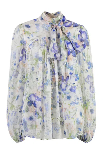 Zimmermann Floral Print Creased Pleated Blouse With Bow Fastening In Multicolor