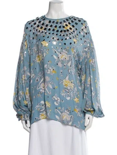 Pre-owned Zimmermann Floral Print Crew Neck Blouse In Blue