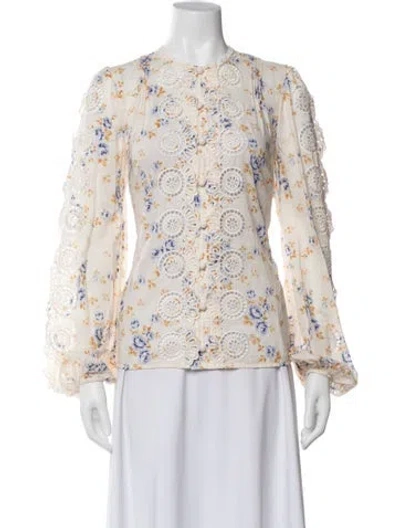Pre-owned Zimmermann Floral Print Crew Neck Blouse In White