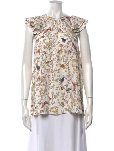 Pre-owned Zimmermann Floral Print Crew Neck Blouse In White