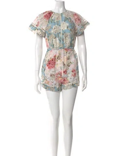 Pre-owned Zimmermann Floral Print Crew Neck Romper In Blue