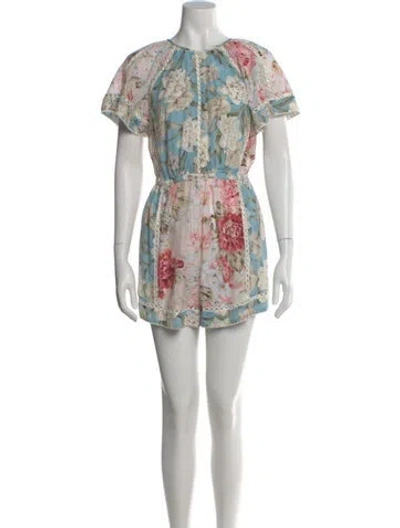 Pre-owned Zimmermann Floral Print Crew Neck Romper In Blue