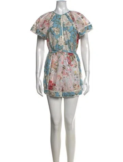 Pre-owned Zimmermann Floral Print Crew Neck Romper In Blue