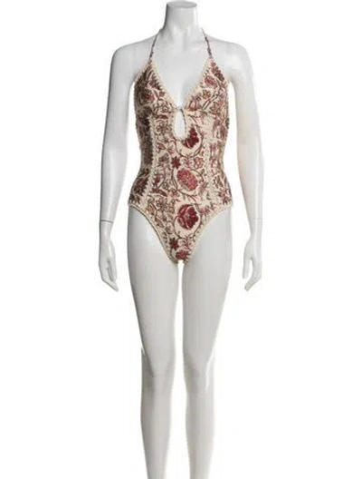 Pre-owned Zimmermann Floral Print Crochet Trim One-piece W/ Tags In Neutrals