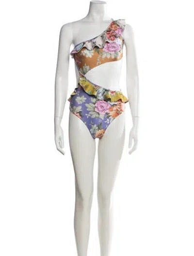 Pre-owned Zimmermann Floral Print Cutout Accent One-piece W/ Tags In White
