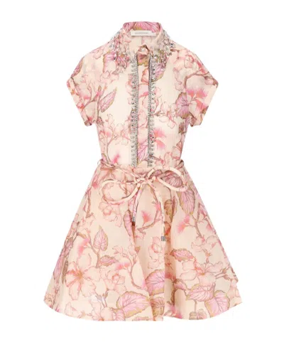 Zimmermann Matchmaker Embellished Floral-print Linen And Silk-blend Mini Dress In Coral Hibiscus