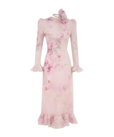 Zimmermann Crush Flower Midi Dress With Flower Brooch In Pink
