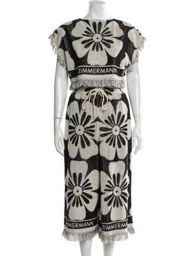 Pre-owned Zimmermann Floral Print Fringe Trim Accent Pantsuit In Neutral