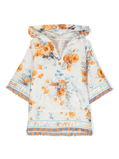 Zimmermann Kids' Floral-print Hooded Dress In White