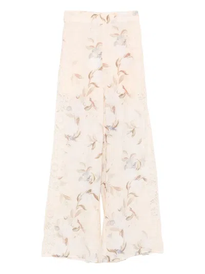 Zimmermann Floral-print Lace-insert Trousers In Neutral