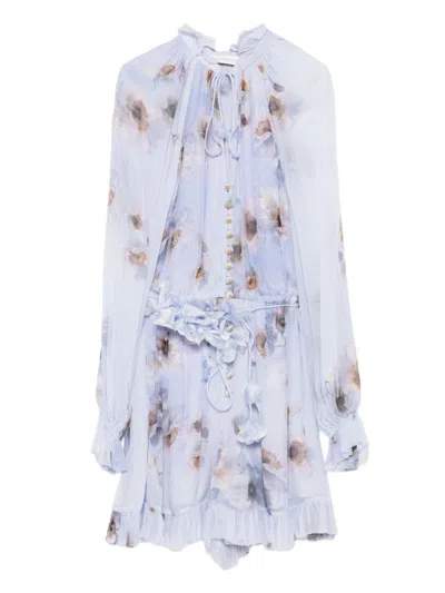 Zimmermann Floral Print Light Purple Playsuit With Ruffled Hem In White