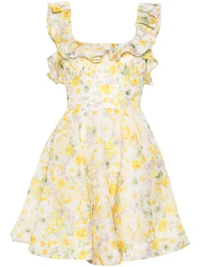 Zimmermann Floral Print Linen And Silk Blend Mini Dress In Neutrals