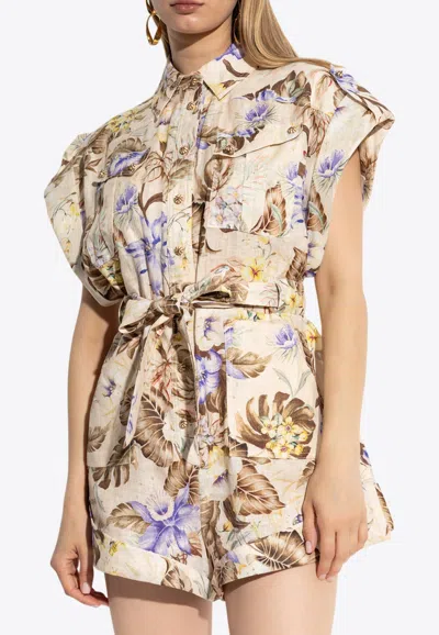 Zimmermann Floral Print Linen Cuffed Playsuit In Neutral