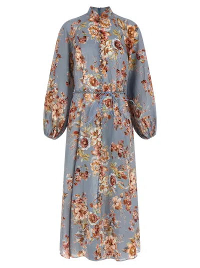 Zimmermann Floral Print Linen Dress In Blue