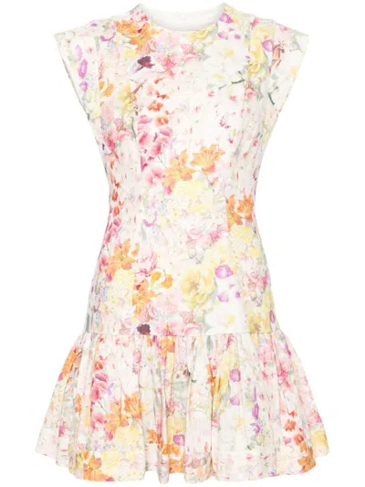 Zimmermann Floral Print Linen Flounce Short Dress In Multicolour