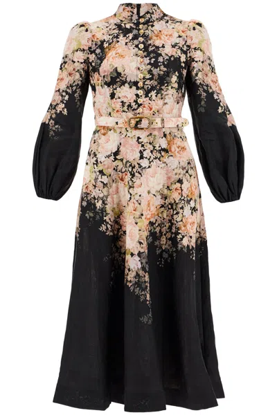 Zimmermann 'floral Print Linen Midi Dress With In Black