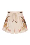 Zimmermann Floral Print Linen Shorts With Removable Waist Strap And Side Pockets In Multi