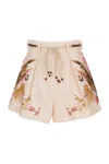 Zimmermann Floral Print Linen Shorts With Removable Waist Strap And Side Pockets In Neutral