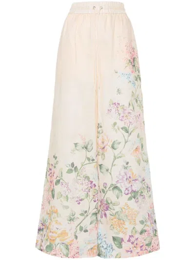 Zimmermann Floral Print Linen Trousers In Crema