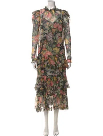 Pre-owned Zimmermann Floral Print Long Dress In Black