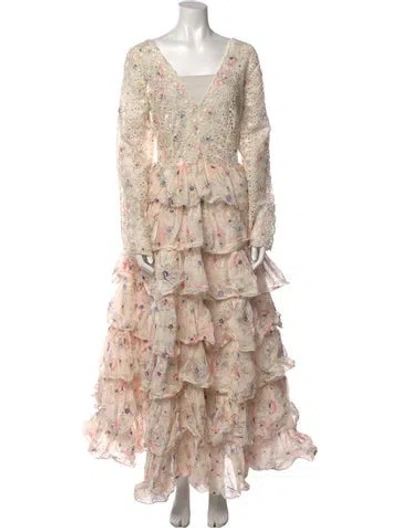 Pre-owned Zimmermann Floral Print Long Dress W/ Tags In Neutral
