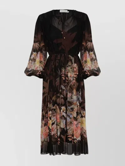 Zimmermann Floral Print Long Dress With Balloon Sleeves In Black