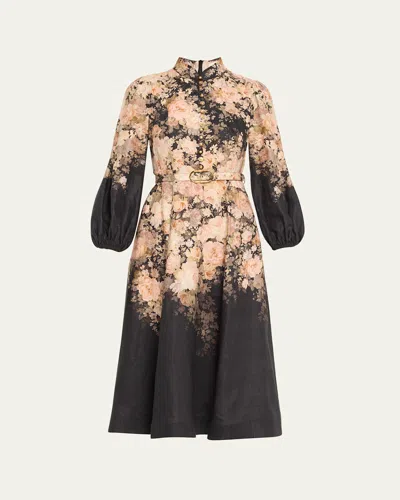 Zimmermann Floral-print Long-sleeve Belted Linen Midi Dress In Multicolour