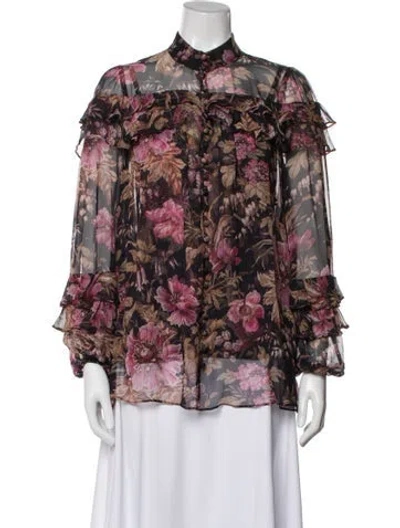 Pre-owned Zimmermann Floral Print Long Sleeve Blouse In Black