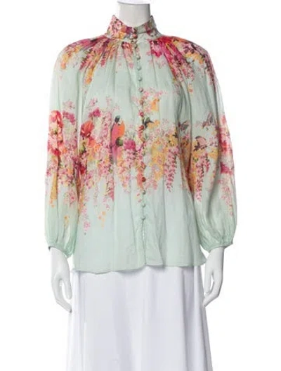 Pre-owned Zimmermann Floral Print Long Sleeve Blouse In Blue