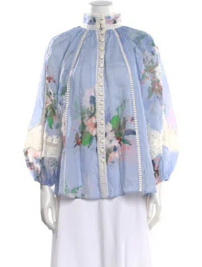 Pre-owned Zimmermann Floral Print Long Sleeve Blouse In Blue