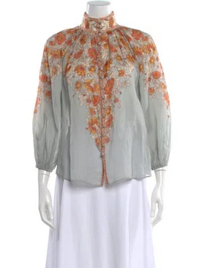 Pre-owned Zimmermann Floral Print Long Sleeve Blouse In Blue