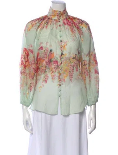 Pre-owned Zimmermann Floral Print Long Sleeve Blouse In Green