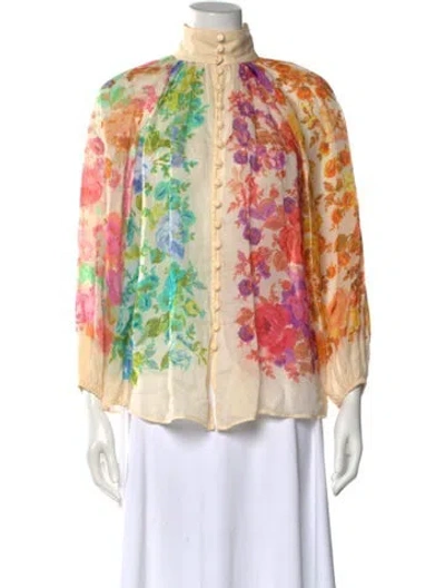 Pre-owned Zimmermann Floral Print Long Sleeve Blouse In Neutral