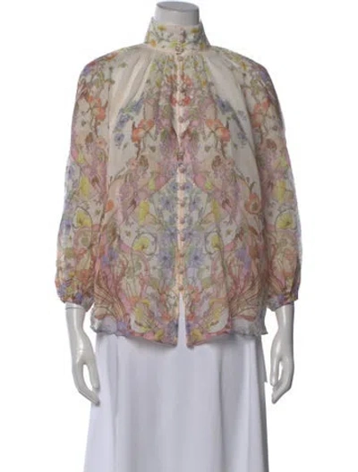 Pre-owned Zimmermann Floral Print Long Sleeve Blouse In Neutral