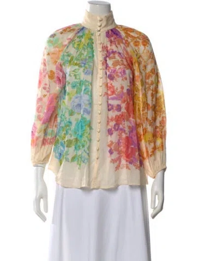 Pre-owned Zimmermann Floral Print Long Sleeve Blouse In Neutral