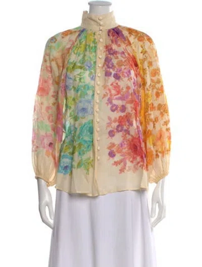 Pre-owned Zimmermann Floral Print Long Sleeve Blouse In Neutral