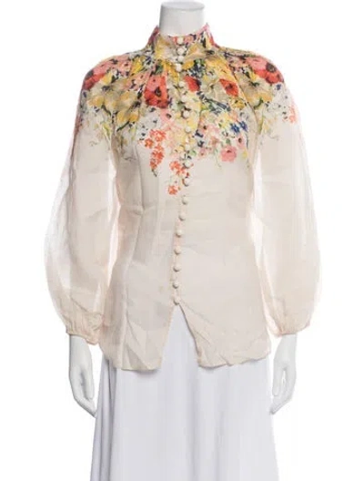 Pre-owned Zimmermann Floral Print Long Sleeve Blouse In Neutrals
