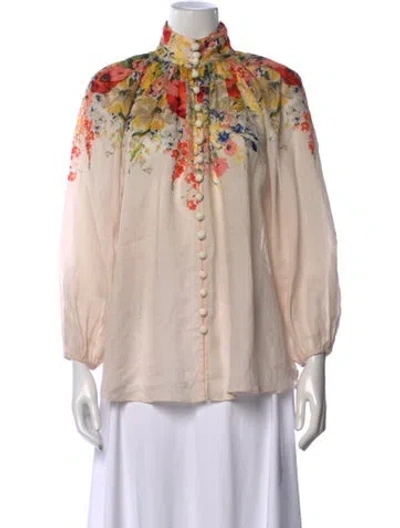 Pre-owned Zimmermann Floral Print Long Sleeve Blouse In Neutrals