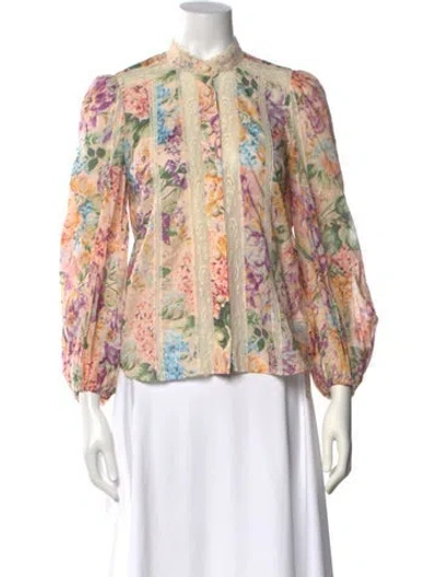 Pre-owned Zimmermann Floral Print Long Sleeve Blouse In Pink