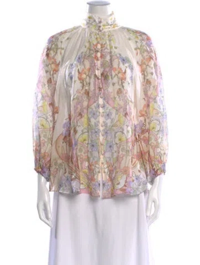 Pre-owned Zimmermann Floral Print Long Sleeve Blouse In White