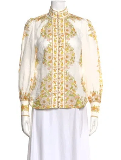 Pre-owned Zimmermann Floral Print Long Sleeve Blouse In White