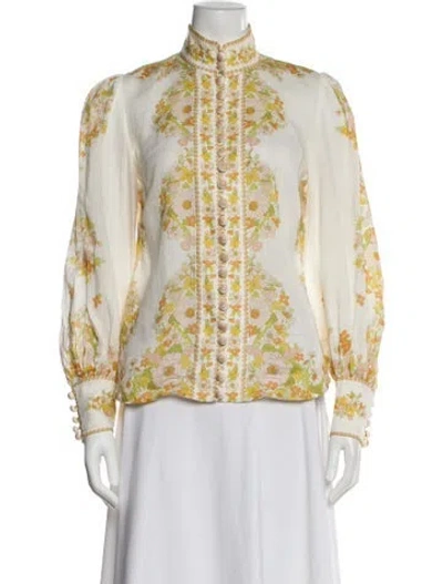 Pre-owned Zimmermann Floral Print Long Sleeve Blouse In White