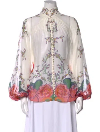 Pre-owned Zimmermann Floral Print Long Sleeve Blouse In White